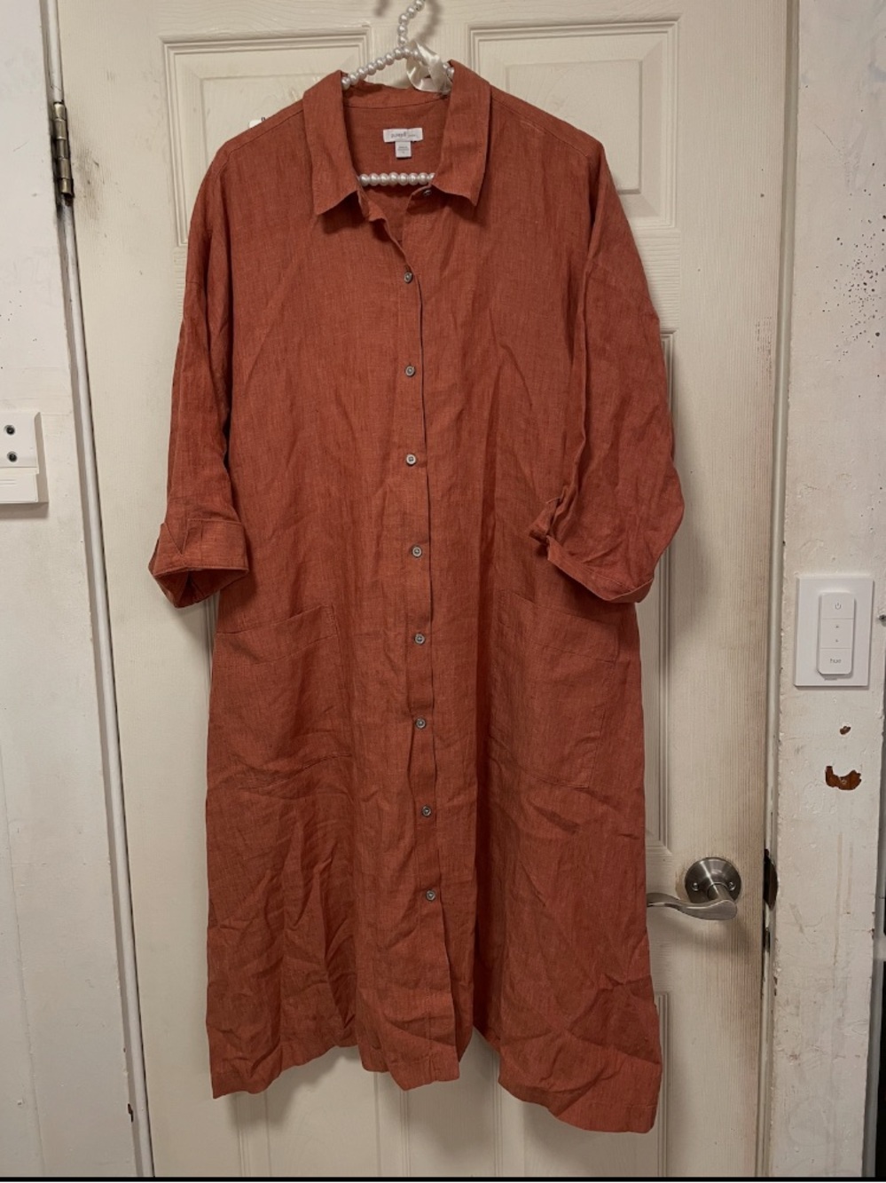 Pure Jill Linen Dress Rust Orange Sz L Button Up Minimalist Fall Core 3/4 Sleeve